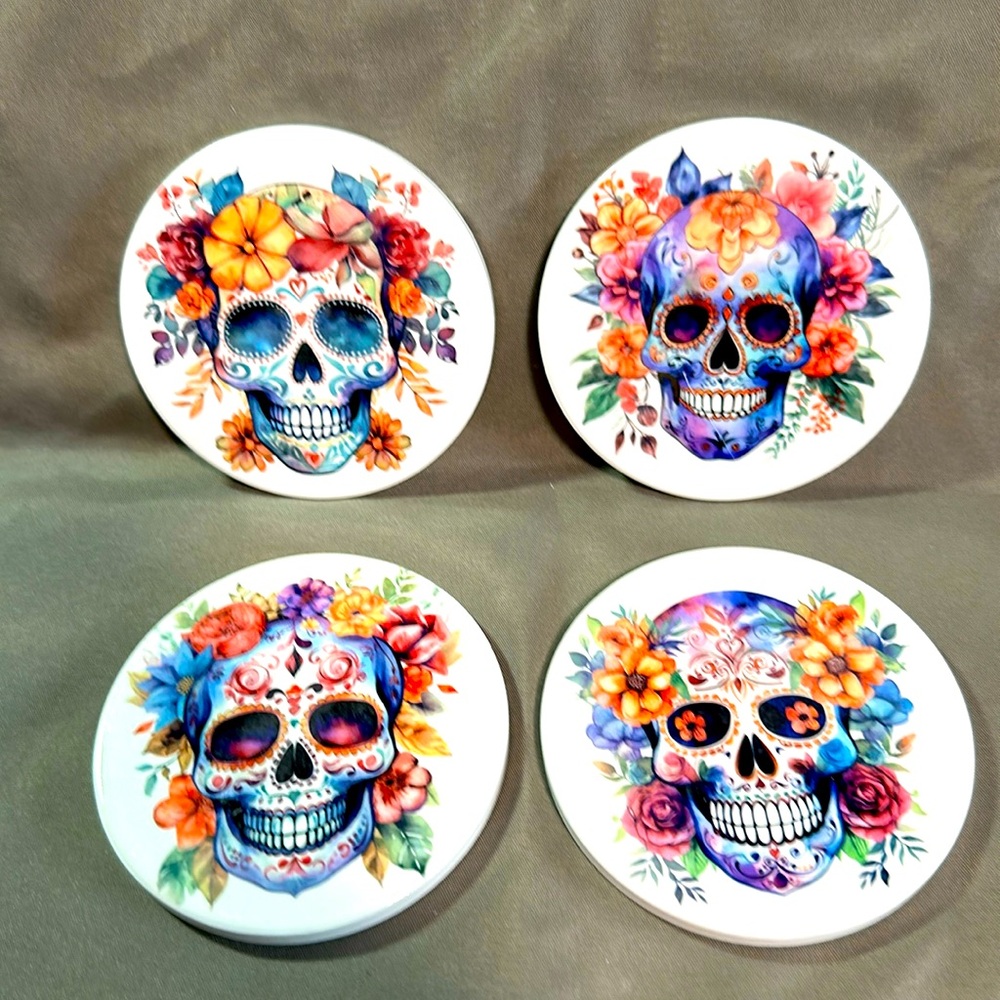 Set of 4 ceramic Sugar Skull Coasters